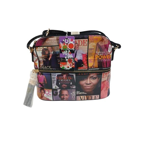 Crossbody Michelle Obama Shoulder Bag Hologram Magazine Print New Tassel Zipper - Picture 1 of 4